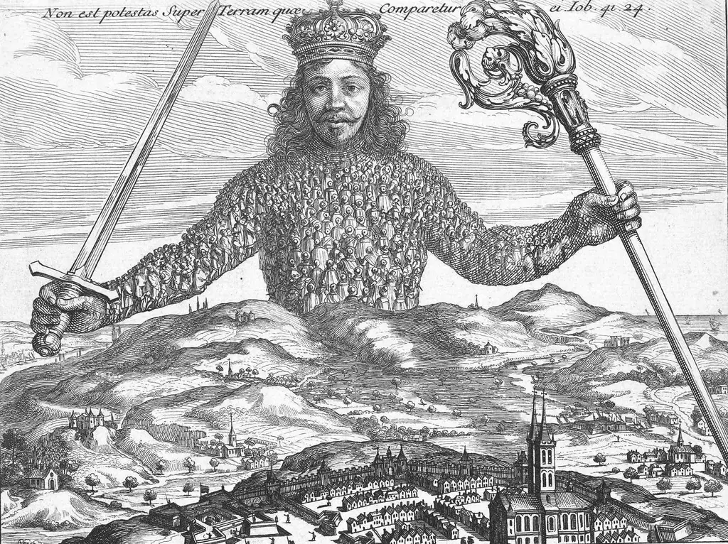A depiction of the sovereign from the cover of Thomas Hobbes’ “Leviathan” - a crowned man towering above a city, his body constituted of hundreds of people, holding a sword in his right hand and a sceptre in his left