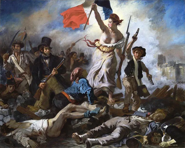 “Liberty Leading the People” by Eugène Delacroix, depicting Liberty personified as a woman leading the charge of the masses depicted as armed individuals of various classes
