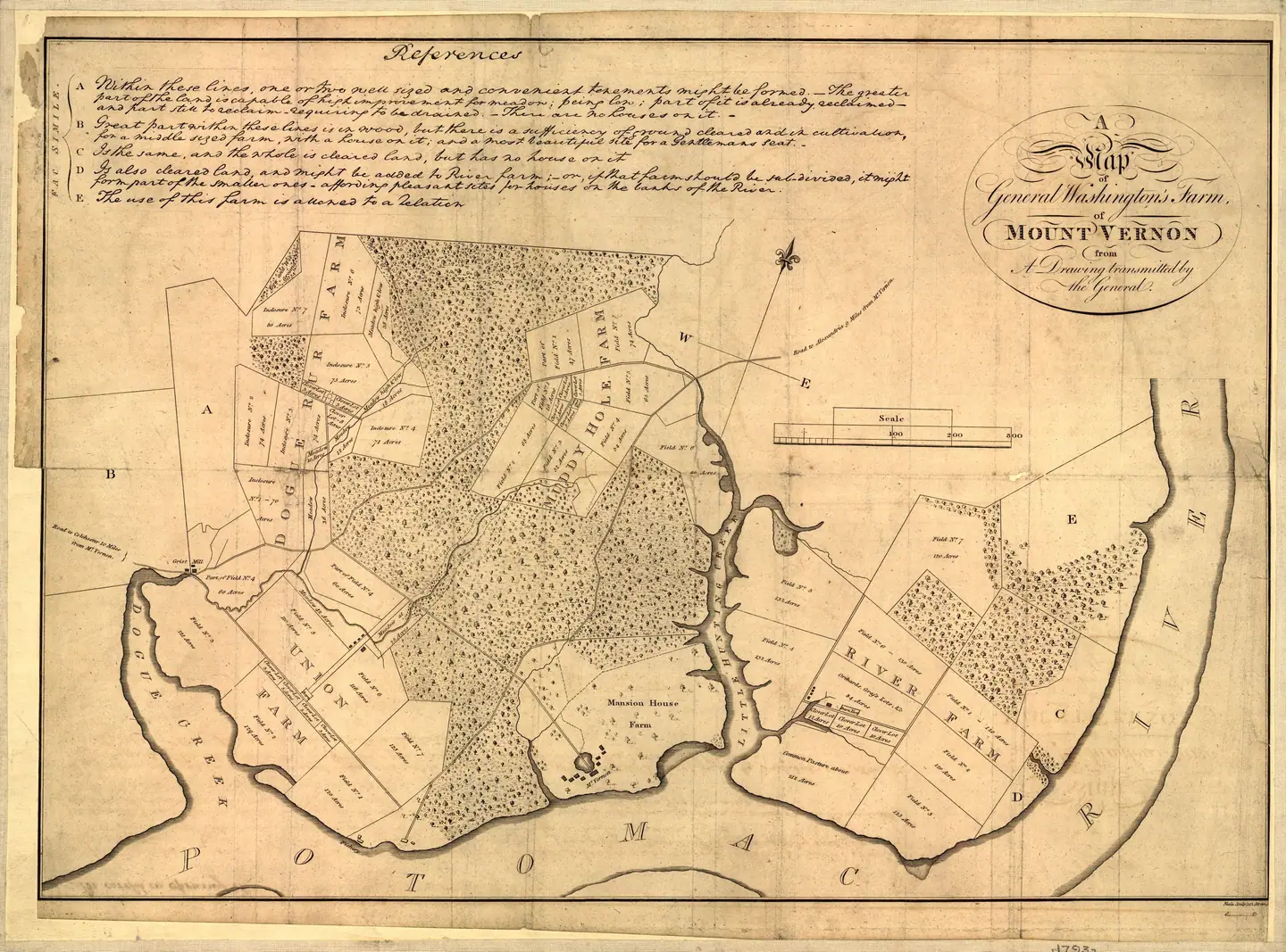 A 1793 map of George Washington’s 3200 hectare Mount Vernon estate